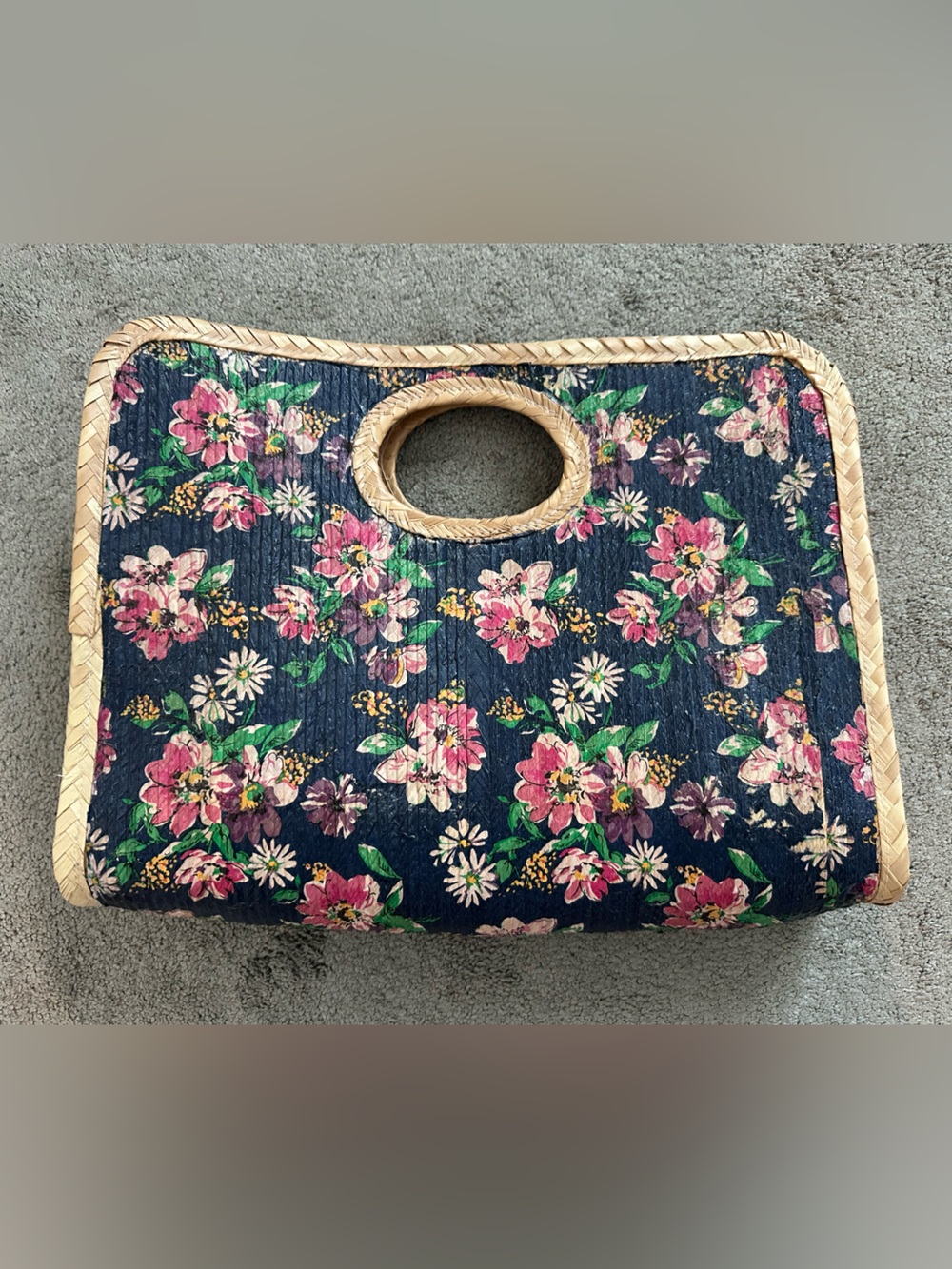 Beautiful Handwoven Rattan Handbag Navy Floral
